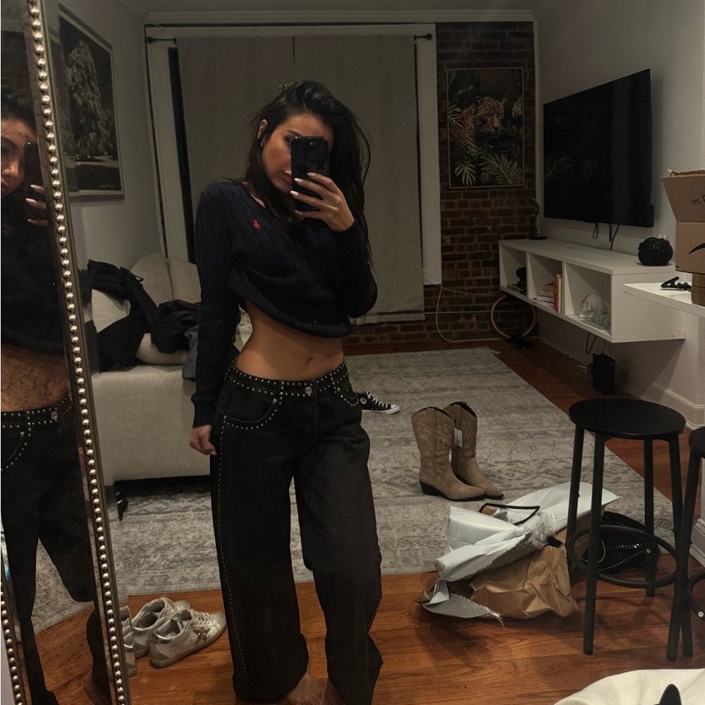 Black Long Sleeve Crop Top and Pants Set